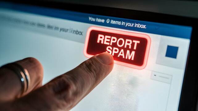 Spam call scam prevention concept. User pressing a "Report Spam" button on a touchscreen device.