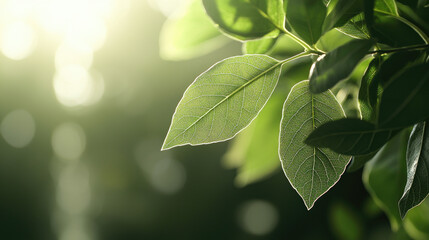 Obraz premium Close-up of vibrant green leaves illuminated by soft light in a natural setting.