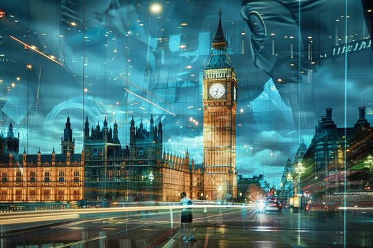 Big Ben stands tall amidst the London skyline at night, with lights reflecting the city's rich history and modern charm. Famous landmarks protected by digital shields .