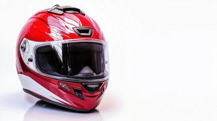 Sleek red motorcycle helmet with aerodynamic design, featuring a glossy finish and clear visor, set against a clean white background for a striking appearance.