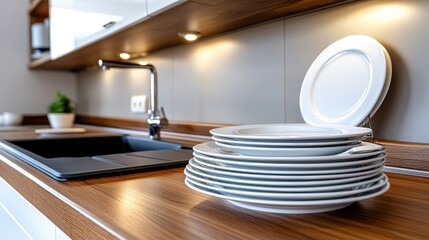 In a modern kitchen, a sleek black sink features dishes being washed, with white plates arranged on a wooden board nearby, creating a clean look