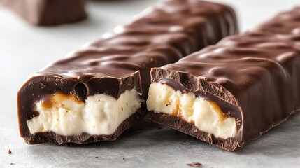 Two broken chocolate bars revealing creamy filling.