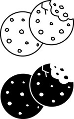 Cookie Icons. Black and White Vector Illustrations. Sweet Pastry, Bitten Cookie. Tasty Food. Fast Food Concept