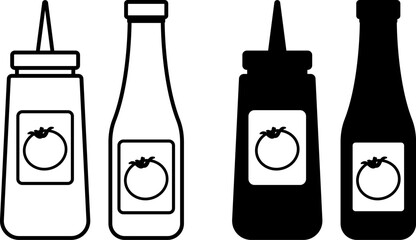 Ketchup Icons. Black and White Vector Illustrations. Tomato Sauce. Seasoning for Meat Dishes. Tasty Food. Fast Food Concept