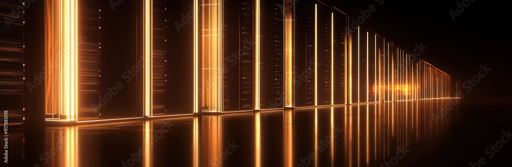 Poster illuminated server room with glowing columns reflecting on a polished floor.
