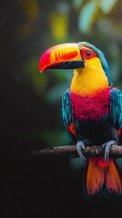 Obraz premium A vibrant toucan perched on a branch, showcasing its colorful plumage against a blurred background.