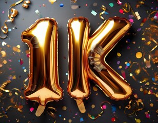 Golden foil '1K' balloons surrounded by vibrant confetti, perfect for celebrating 1,000 subscribers, creating a joyful and festive atmosphere
