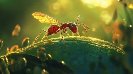 A vibrant red ant with translucent wings perches atop a lush green leaf, bathed in warm sunlight.