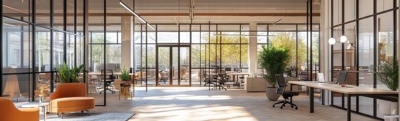 Modern Office Interior with Glass Walls and Minimalist Design. AI generated illustration