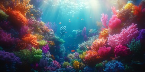 Fototapeta premium Vibrant coral reef teeming with colorful marine life and sunlight filtering through the water.
