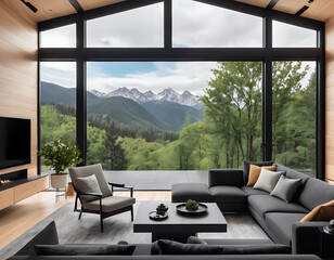 Fototapeta premium Modern Scandinavian home interior design characterized by an elegant living room featuring a comfortable sofa, mid century furniture, cozy carpet, wooden floor, white walls, and home plants.