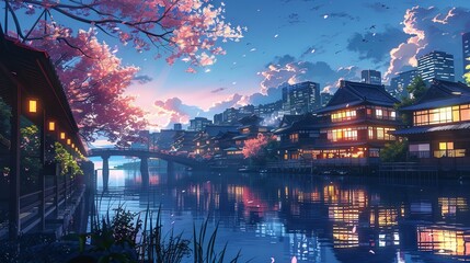 Anime-styled cityscape in future, where traditional Japanese architecture blends harmoniously with high technology and neon lights. Concept of tourism, urban lifestyle. Neon light.