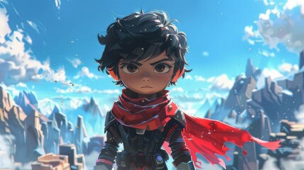 Anime young male character of game with fantastic, heroic super power and mountain views in background. Cartoon, anime art style. Concept of historic, fiction, fantasy.