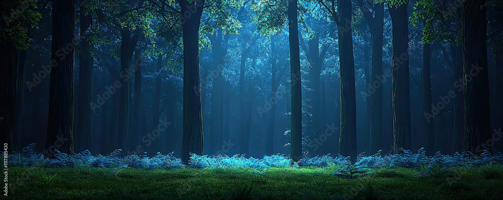 Poster enchanting forest scene illuminated by soft, ethereal light creating a tranquil atmosphere.