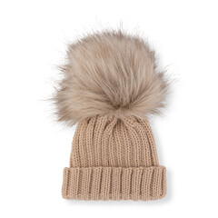 Classic Ribbed Knit Beanie with Faux Fur Pom-Pom in Camel Brown