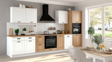 Close-up of a built-in oven in a contemporary kitchen with white and wooden cabinets, showcasing elegant design and soft light