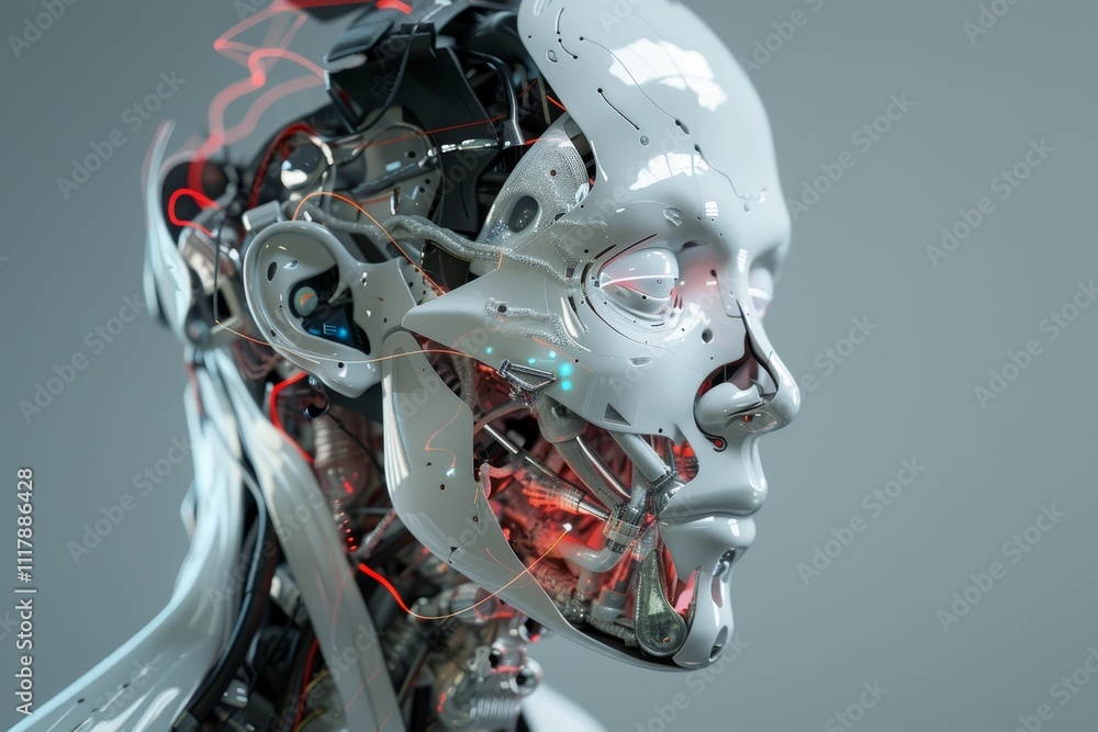 Poster futuristic anatomy of cyborg with internal view, a close-up of a robot skull featuring intricate wir