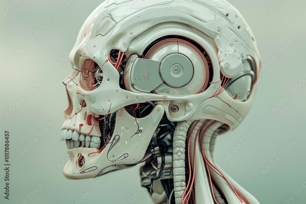 Poster futuristic anatomy of cyborg with internal view, a close-up of a robot skull featuring intricate wir