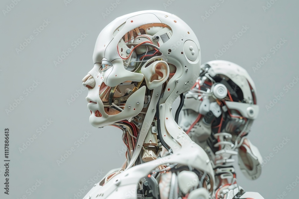 Poster futuristic anatomy of cyborg with internal view, a close-up of a robot skull featuring intricate wir