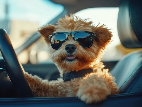 Funny dog wearing sunglasses and driving a car