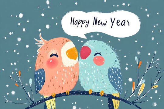 Two cute parrots hugging with speech bubble saying happy new year