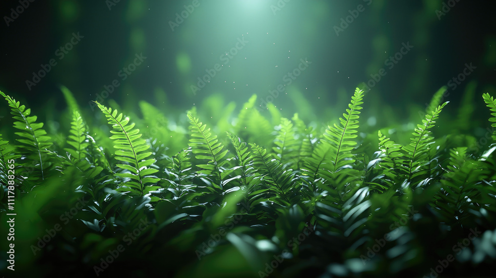 Poster lush green ferns bask in soft light, creating a serene and tranquil atmosphere.
