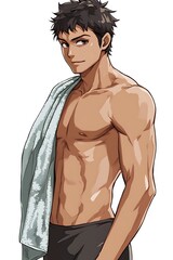 Fototapeta premium Anime swimmer with a towel over the shoulder on a white background