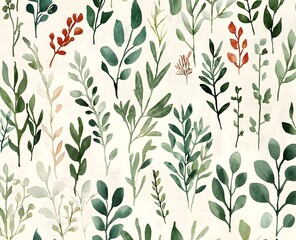 Fototapeta premium Various green leaves and plants in soft watercolor style