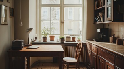 Brightly lit kitchen interior with a wooden work desk by a tall window, matching wooden furniture, and a neutral color palette