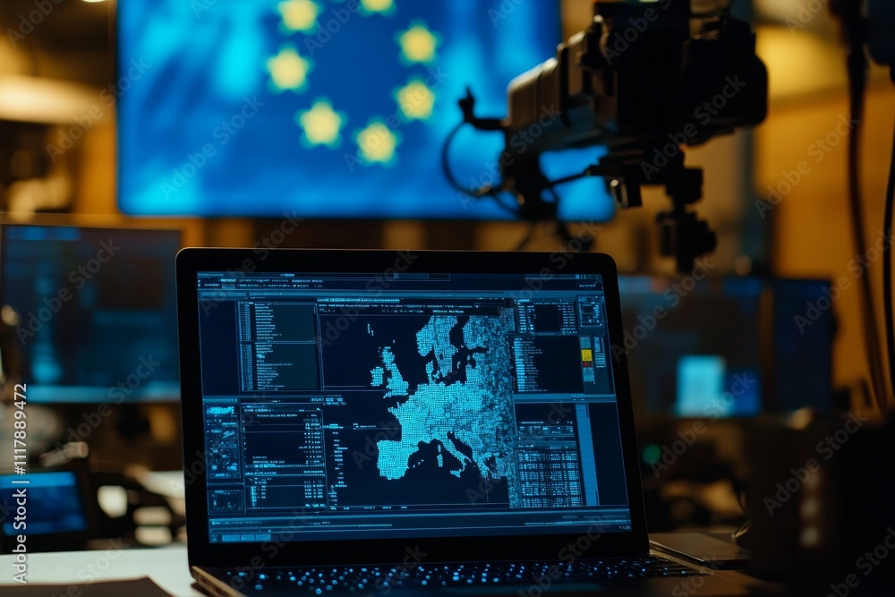 Poster laptop in eu command center for counterterrorism against bots undermining democracy efforts