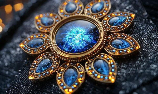 A decorative brooch featuring intricate designs and a vibrant blue centerpiece.