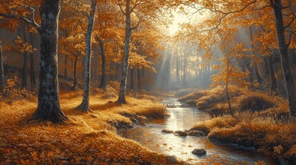 Obraz premium A serene autumn forest scene with golden leaves, sunlight filtering through trees, and a gentle stream flowing through the tranquil setting.
