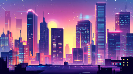 Vibrant city skyline at sunset with neon lights and colorful sky