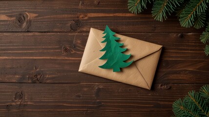 A brown envelope with a green tree decoration rests on a rustic wooden table, surrounded by pine branches, evoking a warm festive atmosphere.