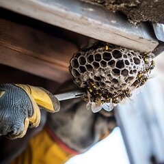 Close-up of a worker removing a large wasp nest from under a roof eave.