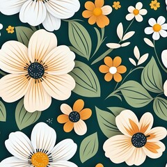 Floral Seamless Pattern:  A vibrant and delicate seamless pattern featuring a captivating blend of white, orange, and yellow flowers with green leaves on a deep green background.