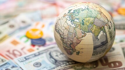 Close-Up of Globe Surrounded by Various Currency Notes and Coins