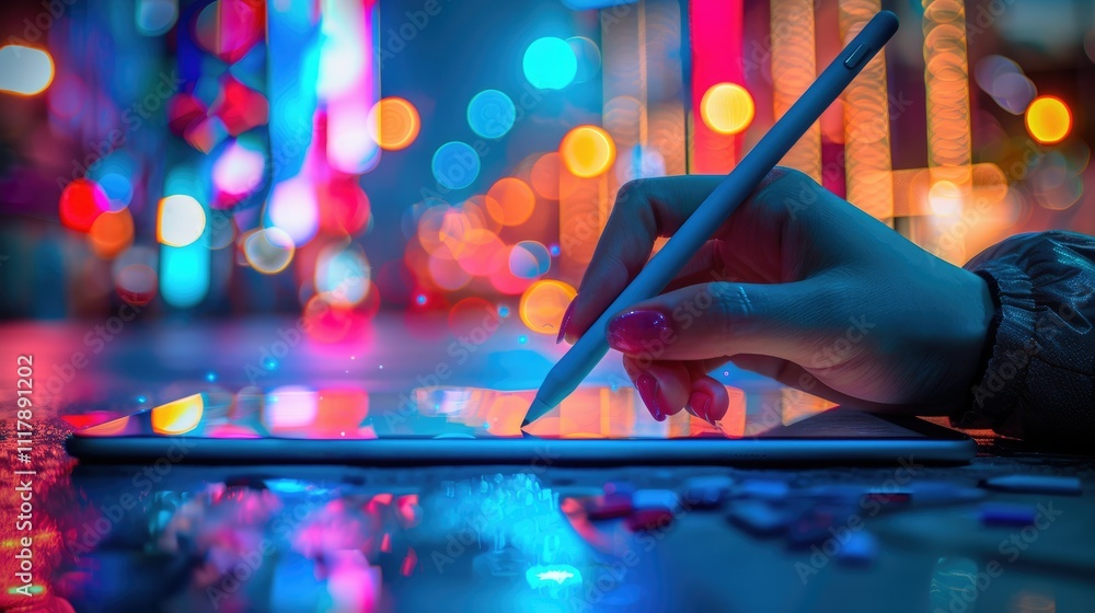 Poster hand using stylus on tablet at night with colorful bokeh.