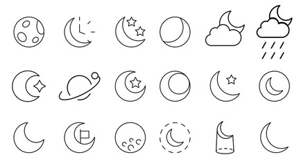 Moon icon outline collection or set in black and white. vector. editable