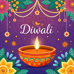 A vibrant Diwali banner featuring a glowing diya, celebrating the festival of lights with festive colors and joyful atmosphere.