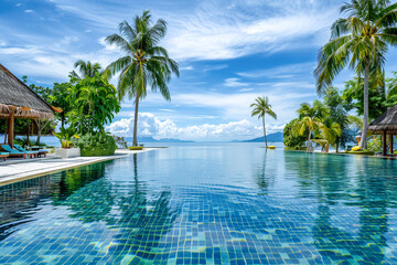 Scenic infinity pool with vibrant tropical surroundings, perfect for a peaceful beachside retreat.