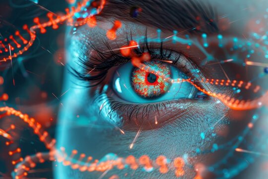 A close-up of a woman's eye, with a DNA strand artistically integrated into the iris, symbolizing genetic identity.Futuristic vision of gene therapy .