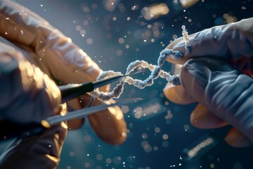 A scientist's hands carefully hold a pair of scissors, ready for precise cutting in a laboratory setting. Gene-editing process using CRISPR technology .