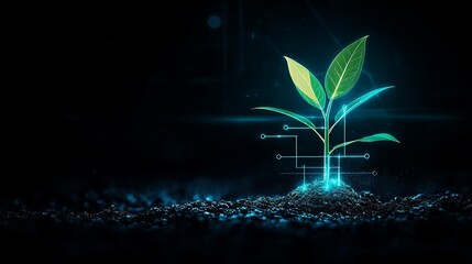 A glowing seedling emerges from dark soil, symbolizing growth and innovation in a digital world.