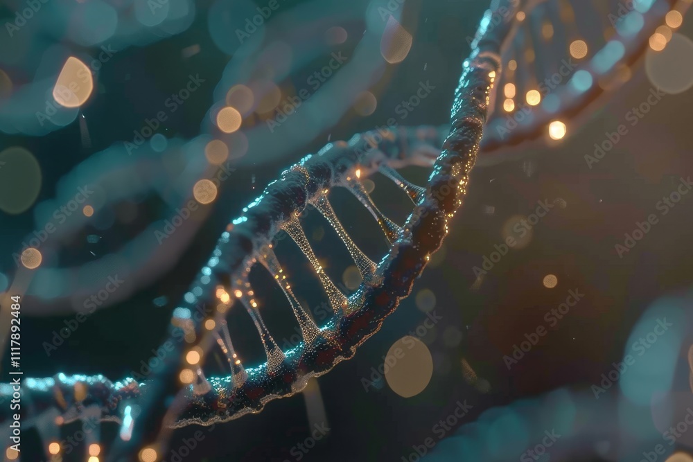 Poster a dna strand illuminated in the dark, surrounded by a soft bokeh effect, creating a captivating visu
