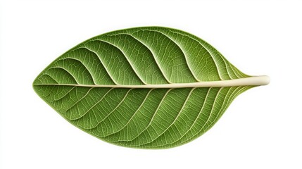 Obraz premium Photosynthesis sunlight process energy leave. A vibrant green leaf showcasing intricate veins against a clean white background, symbolizing nature and freshness.
