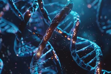 A close-up image of a DNA strand, showcasing its double helix structure against a neutral background. Genetic engineering represented by DNA strands.