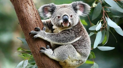 Fototapeta premium Adorable koala bear clinging to a eucalyptus tree.