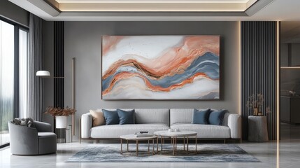 A modern living room featuring a stylish sofa, decorative cushions, and a large abstract painting with warm tones on a sleek wall.