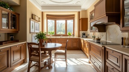 Elegant kitchen interior with wooden furniture, a desk bathed in natural light from a wide window, and soft neutral tones